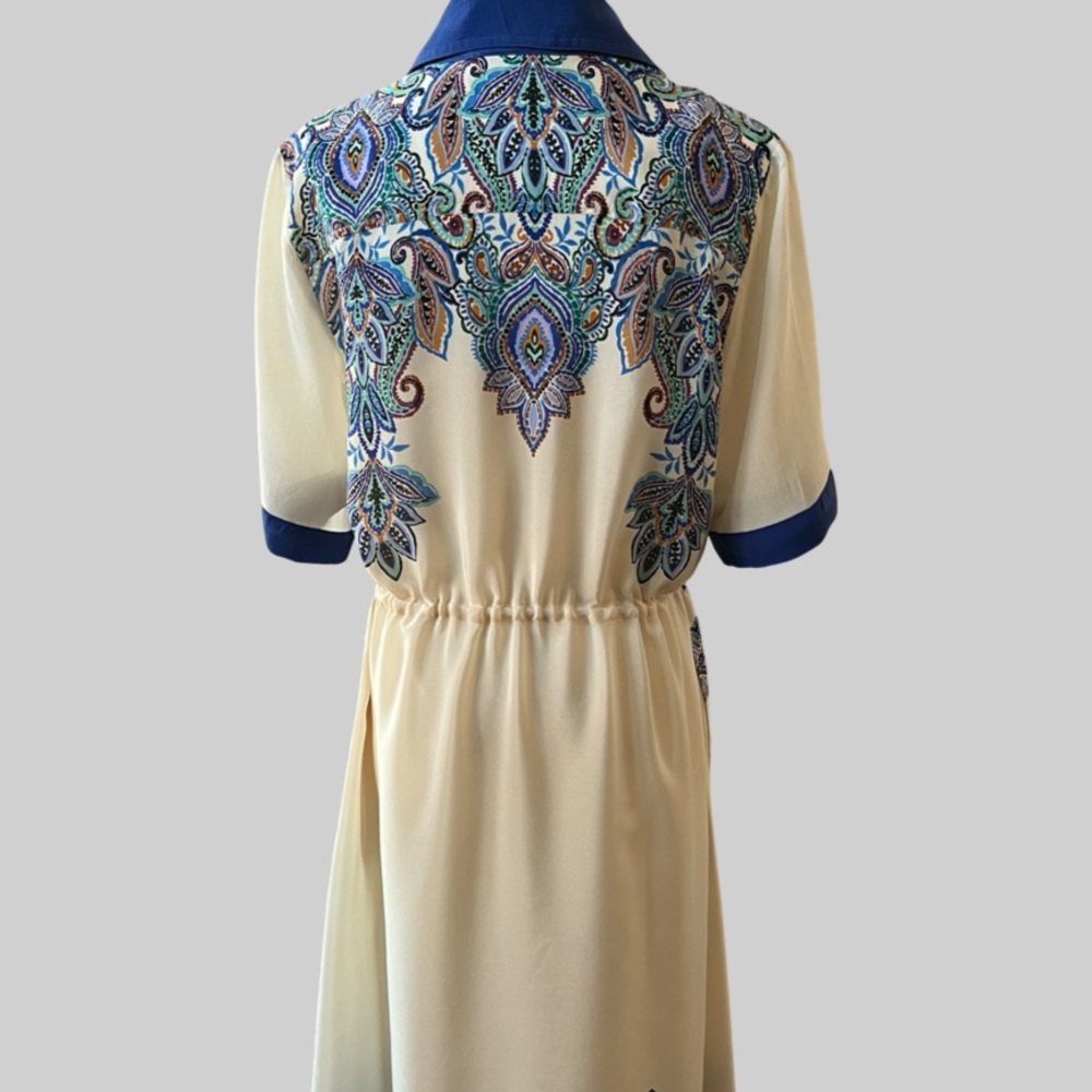 Johnny Was Cream and Blue High-Low Button-Front Midi Dress Size Small - Picture 14 of 16